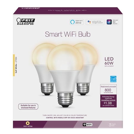 Feit Electric Feit Smart Home A19 E26 (Medium) Smart-Enabled LED Bulb Soft White 60 Watt Equivalence 3 pk OM60/927CA/AG/3